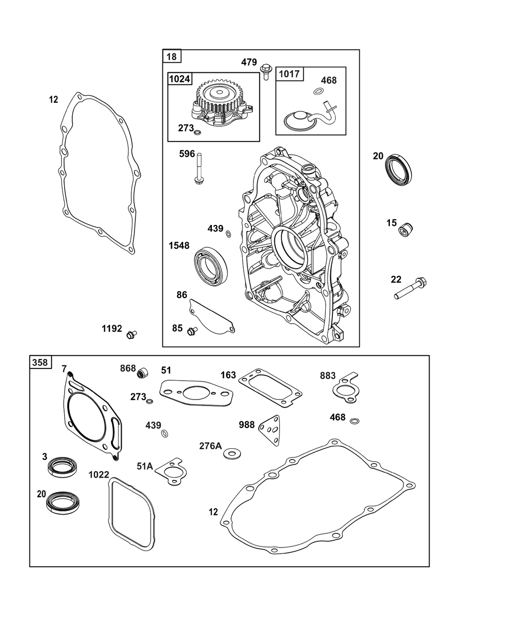 Crankcase Cover/Sump Group Diagram and Parts List for 389445-0150-E1  Briggs and Stratton Engine